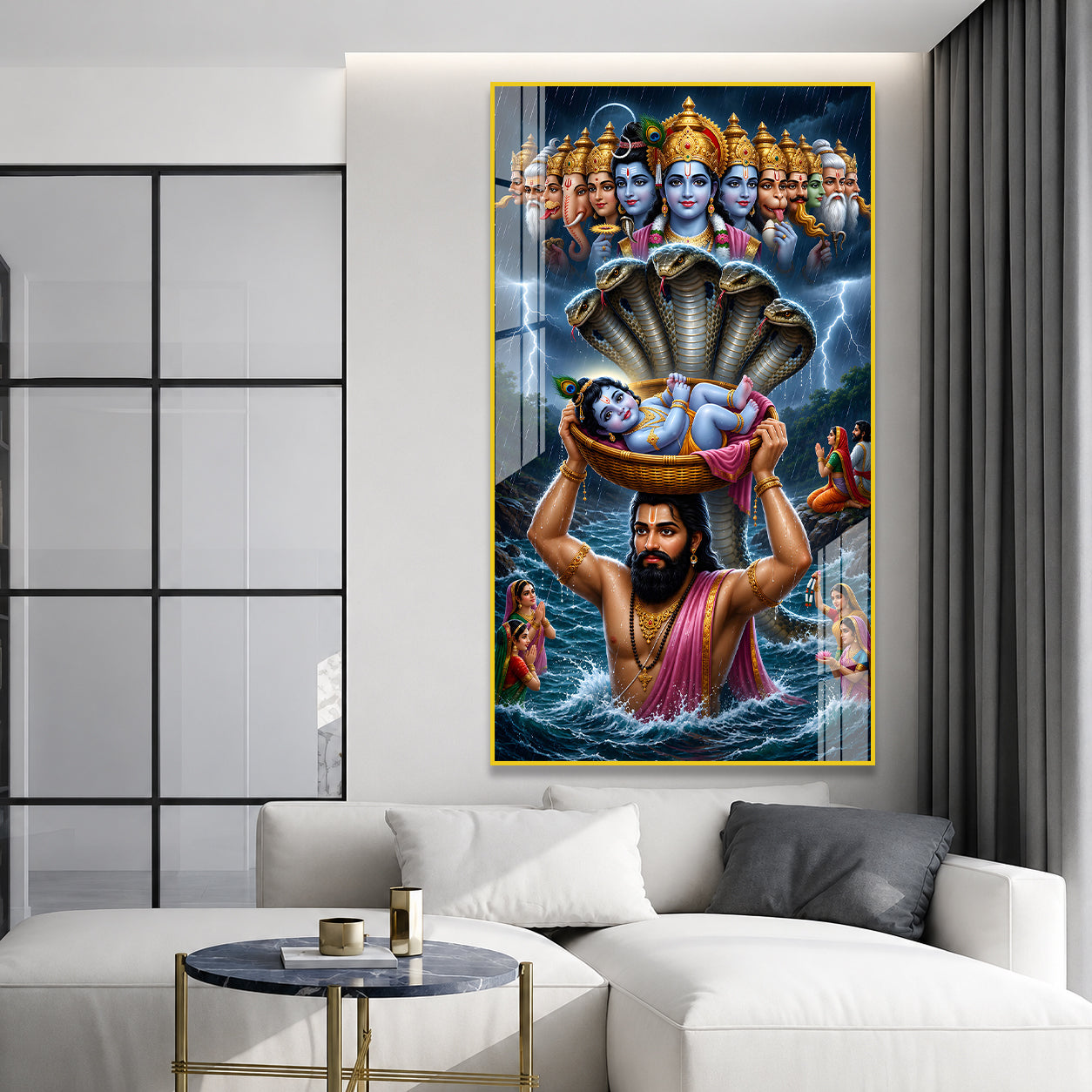 Premium Vasudeva Carrying Bal Krishna Acrylic Wall Painting for Spiritual Home Decoration