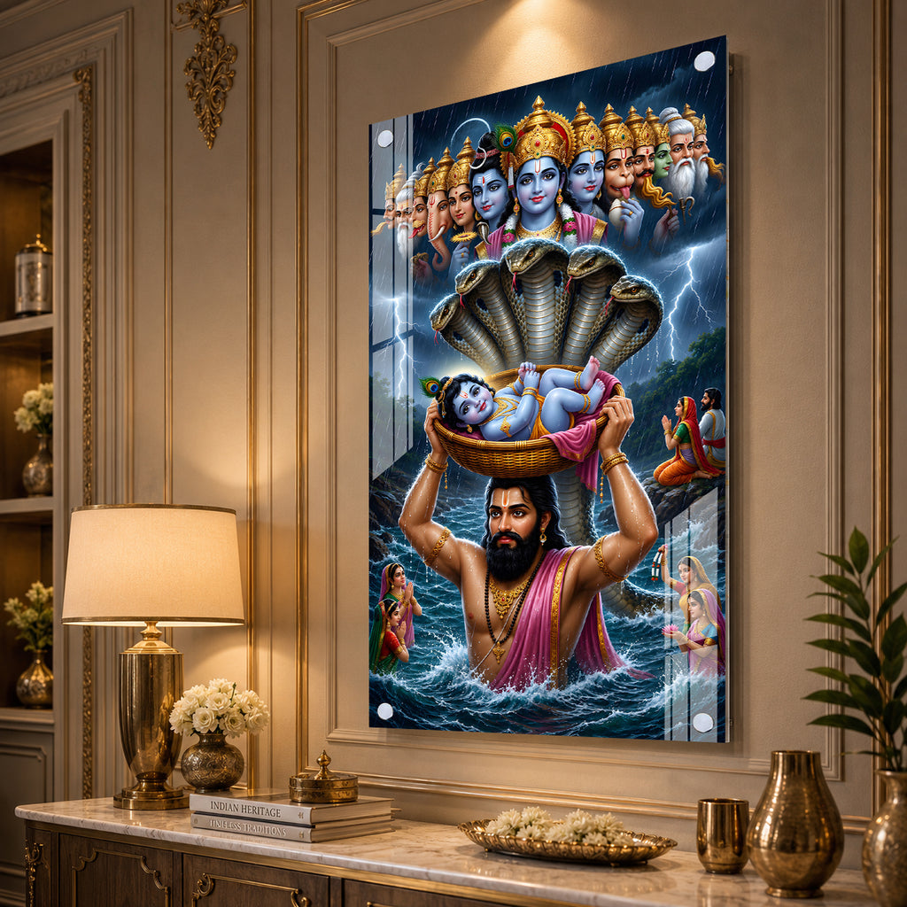 Premium Vasudeva Carrying Bal Krishna Acrylic Wall Painting for Spiritual Home Decoration