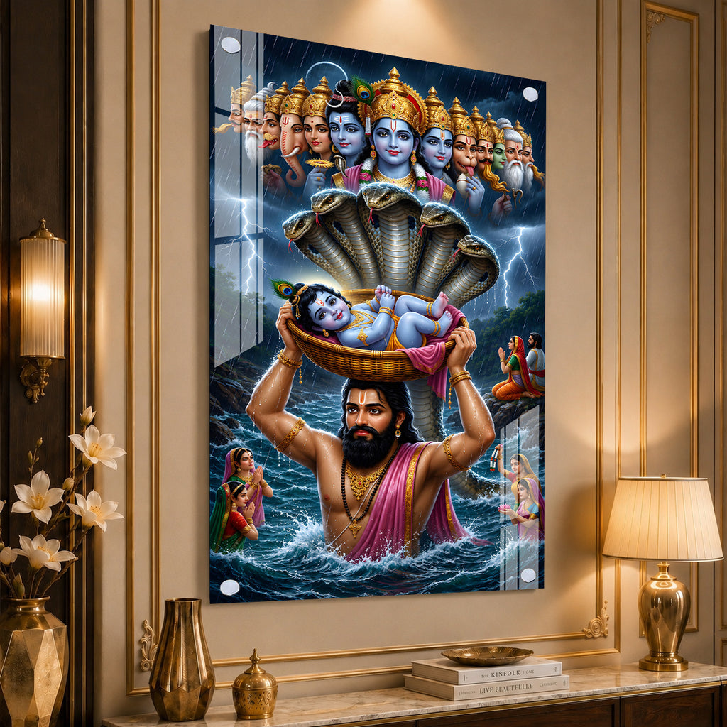 Premium Vasudeva Carrying Bal Krishna Acrylic Wall Painting for Spiritual Home Decoration