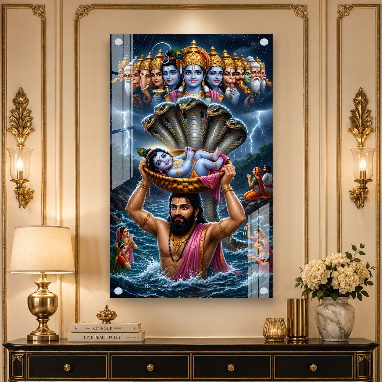 Premium Vasudeva Carrying Bal Krishna Acrylic Wall Painting for Spiritual Home Decoration