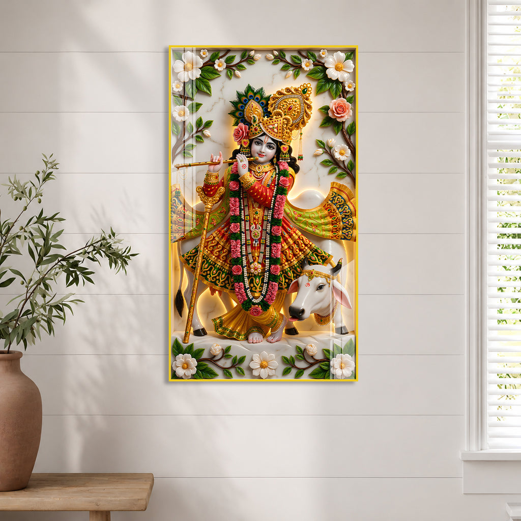 Divine Lord Krishna with Kamdhenu Cow Acrylic Glass Wall Painting for Spiritual Home Decor