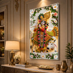 Divine Lord Krishna with Kamdhenu Cow Acrylic Glass Wall Painting for Spiritual Home Decor