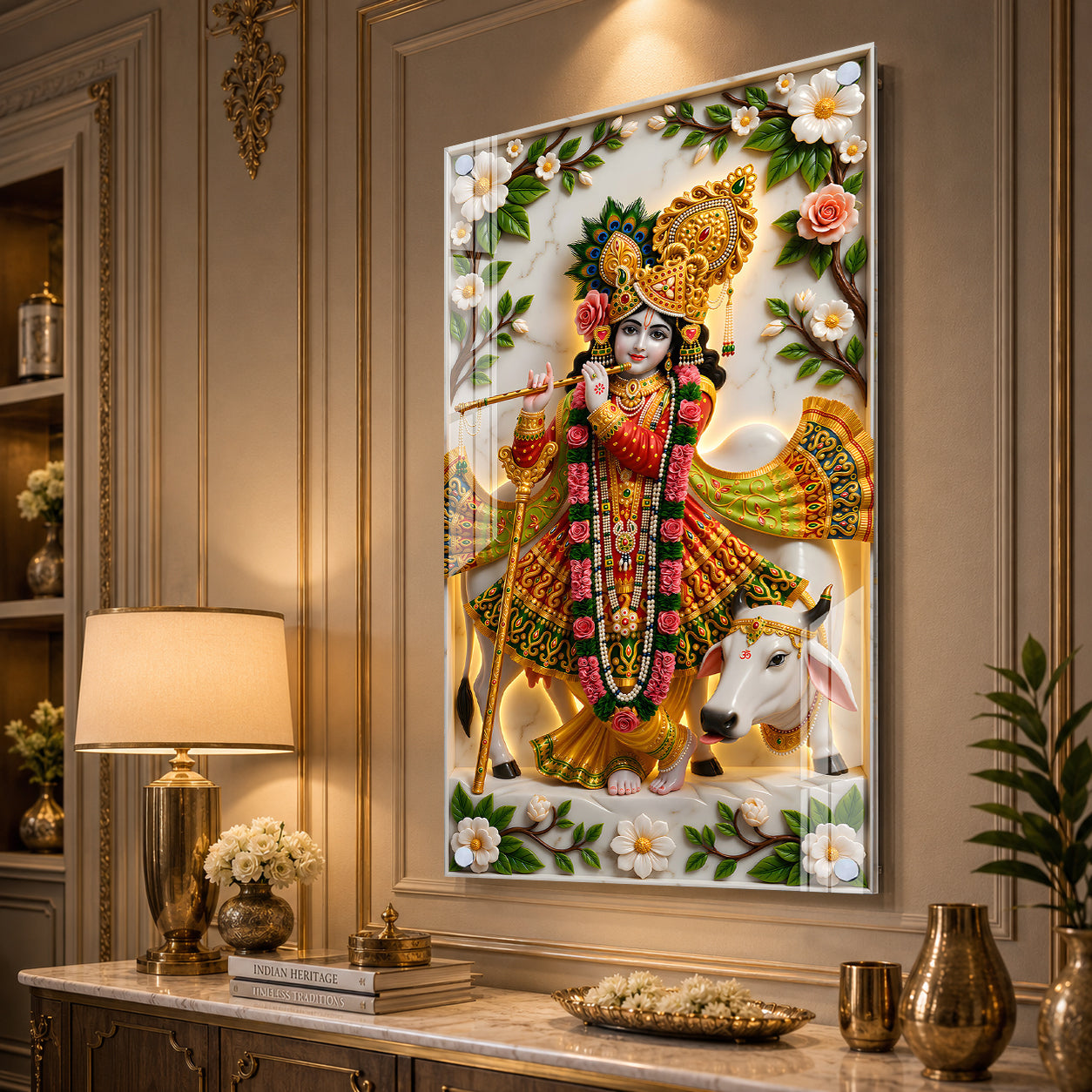 Divine Lord Krishna with Kamdhenu Cow Acrylic Glass Wall Painting for Spiritual Home Decor