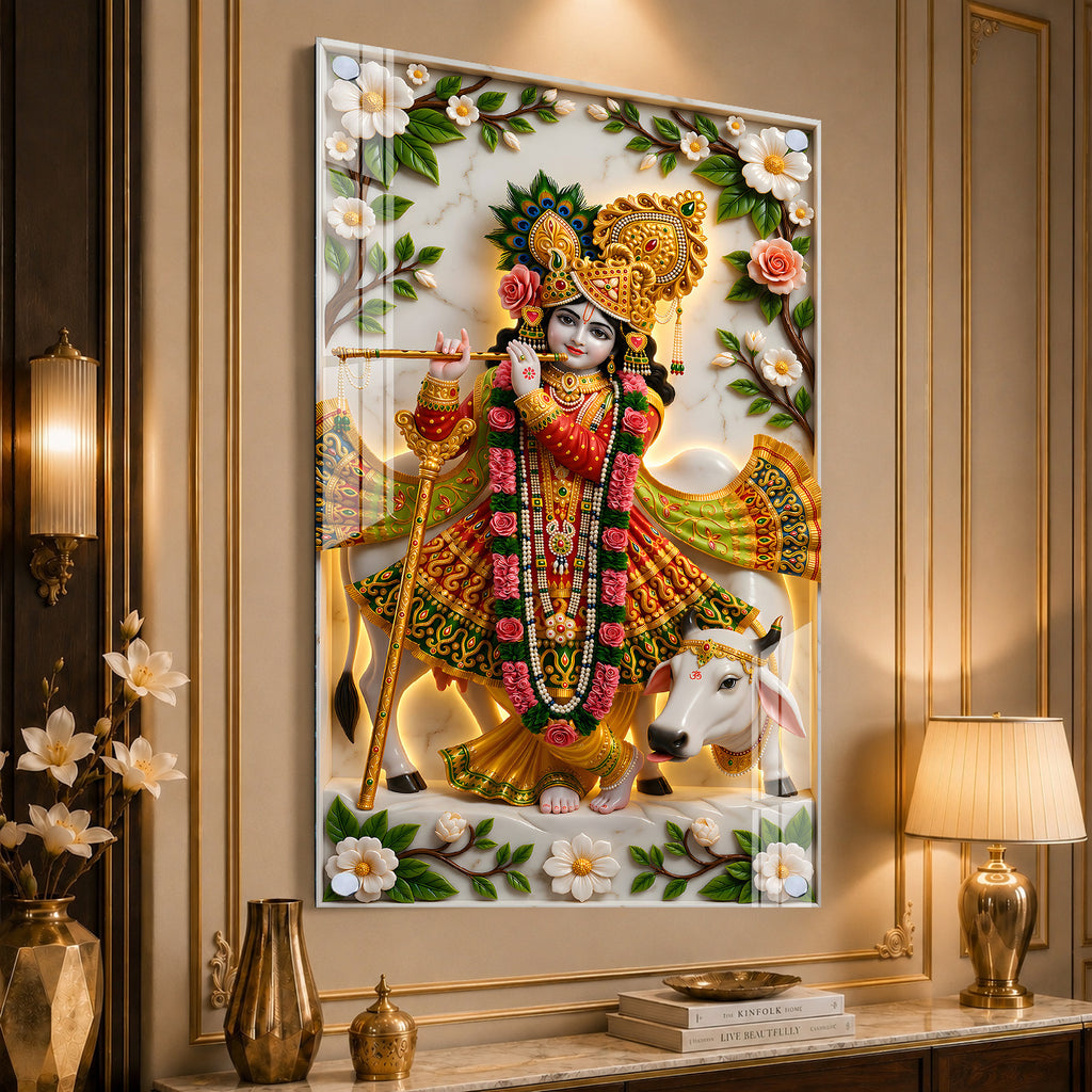 Divine Lord Krishna with Kamdhenu Cow Acrylic Glass Wall Painting for Spiritual Home Decor