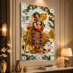 Divine Lord Krishna with Kamdhenu Cow Acrylic Glass Wall Painting for Spiritual Home Decor