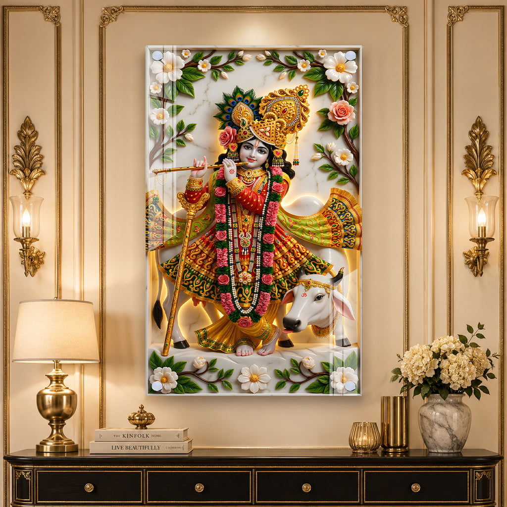 Divine Lord Krishna with Kamdhenu Cow Acrylic Glass Wall Painting for Spiritual Home Decor