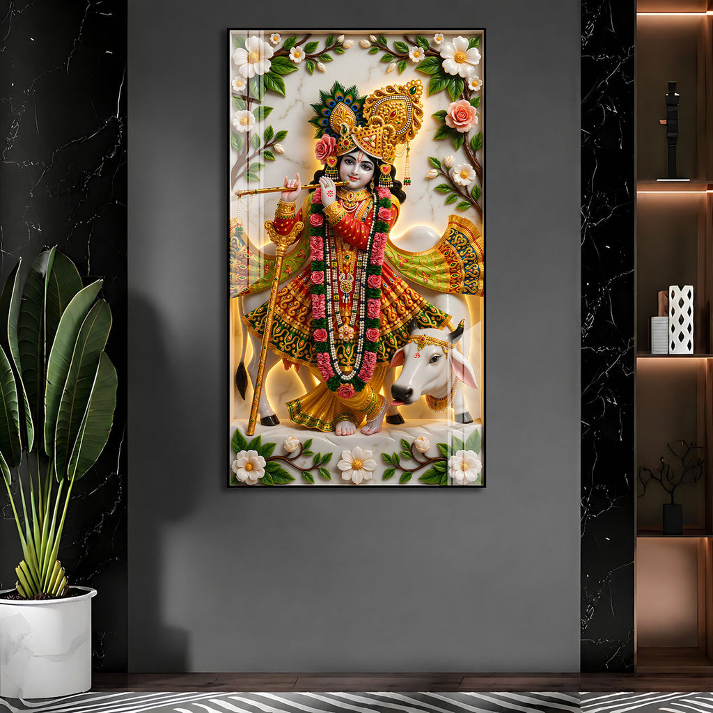 Divine Lord Krishna with Kamdhenu Cow Acrylic Glass Wall Painting for Spiritual Home Decor