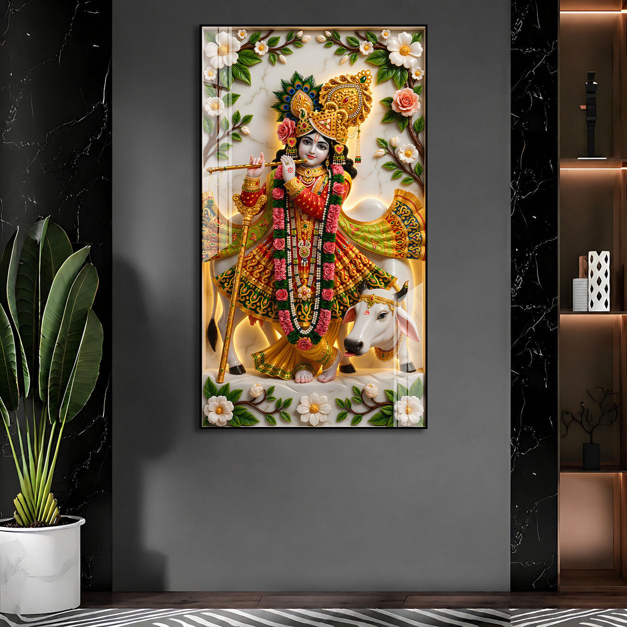 Divine Lord Krishna with Kamdhenu Cow Acrylic Glass Wall Painting for Spiritual Home Decor