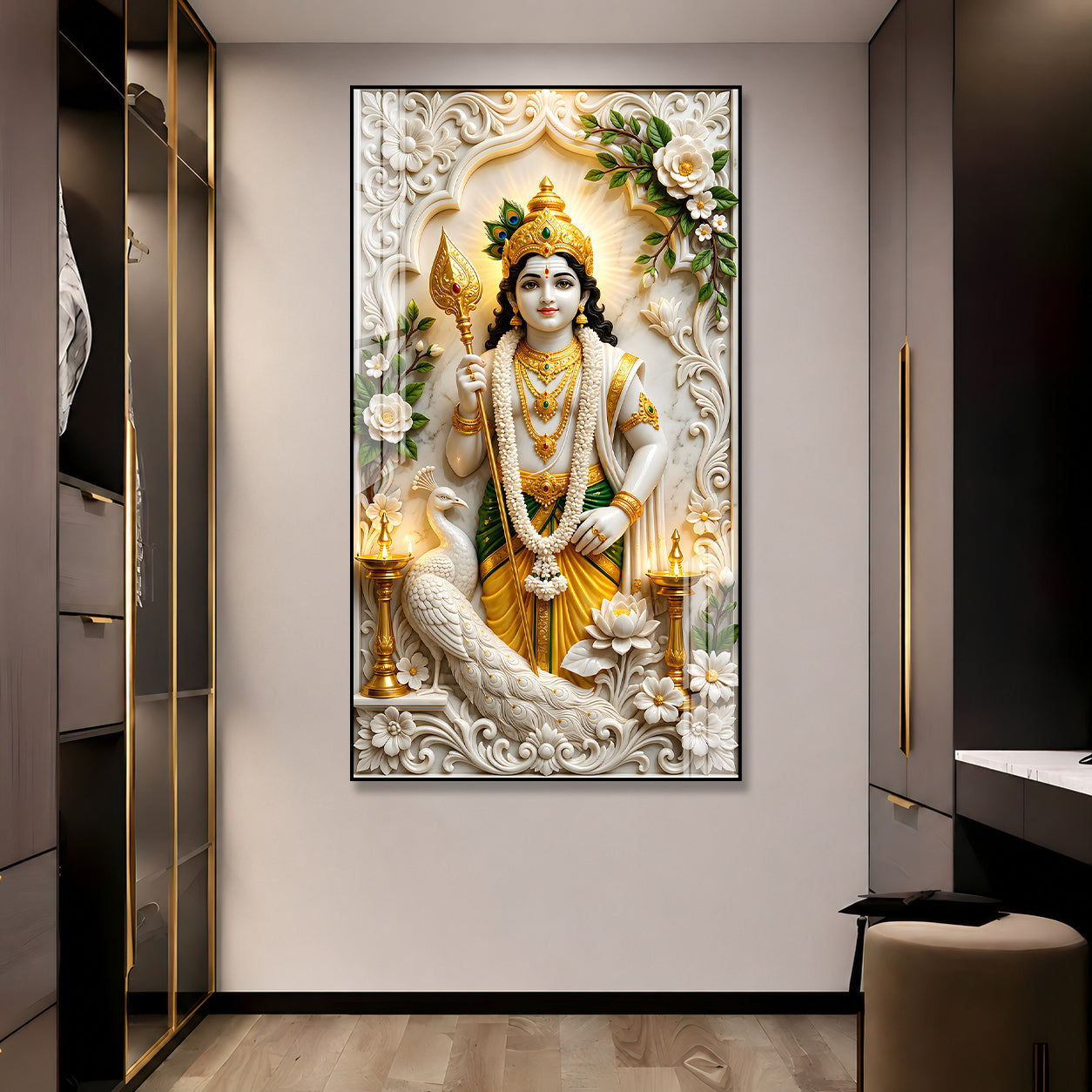 Divine Lord Murugan with Vel and Peacock Premium Acrylic Wall Painting for Pooja Room