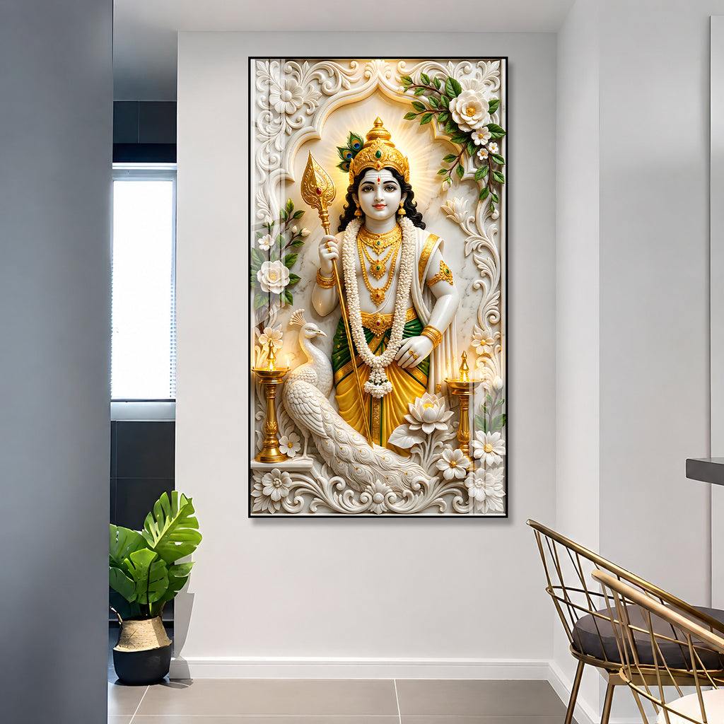 Divine Lord Murugan with Vel and Peacock Premium Acrylic Wall Painting for Pooja Room