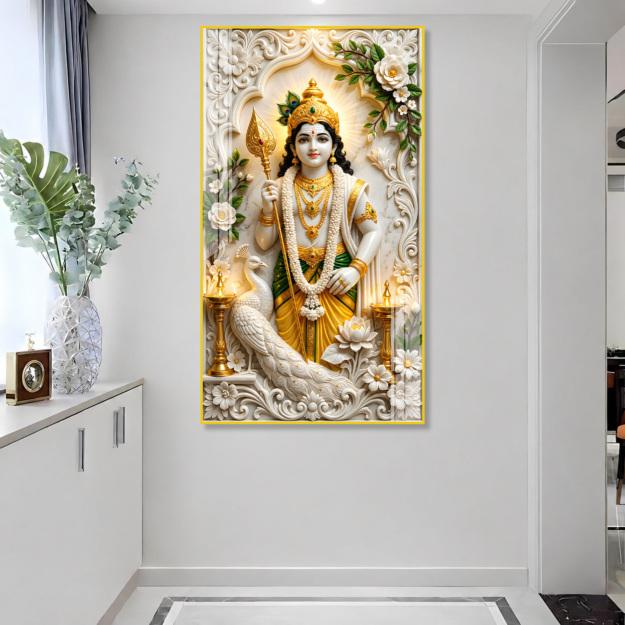 Divine Lord Murugan with Vel and Peacock Premium Acrylic Wall Painting for Pooja Room