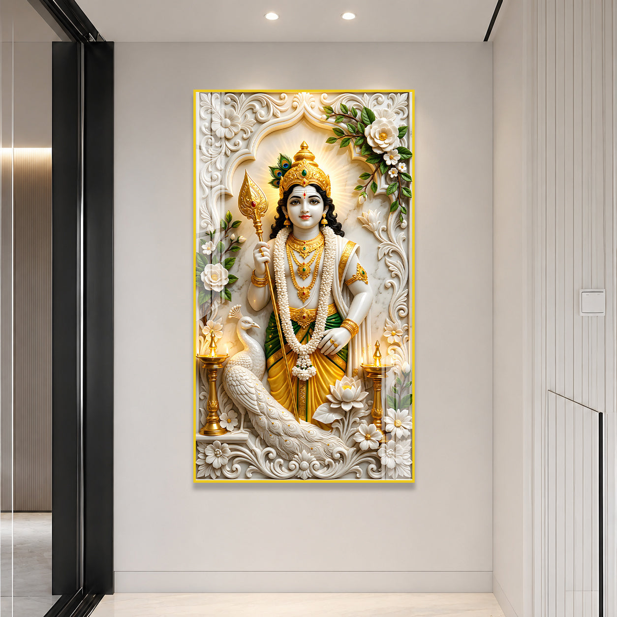 Divine Lord Murugan with Vel and Peacock Premium Acrylic Wall Painting for Pooja Room
