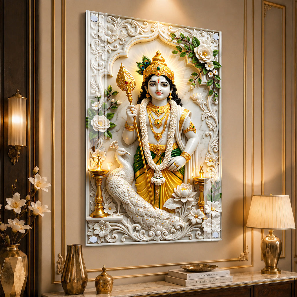 Divine Lord Murugan with Vel and Peacock Premium Acrylic Wall Painting for Pooja Room