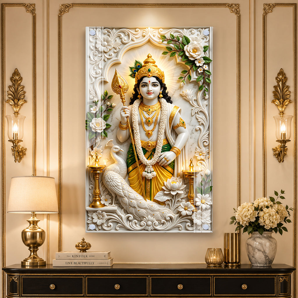 Divine Lord Murugan with Vel and Peacock Premium Acrylic Wall Painting for Pooja Room