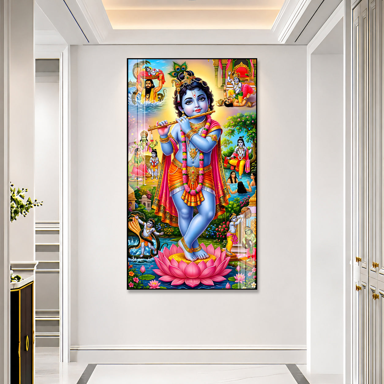 Luxury Baby Krishna Standing on Lotus Acrylic Glass Painting for Hindu Home Temple Decor