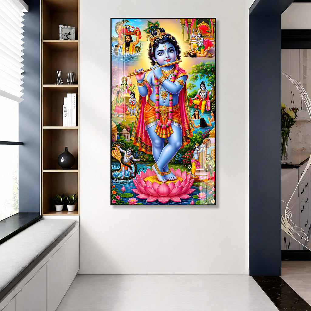Luxury Baby Krishna Standing on Lotus Acrylic Glass Painting for Hindu Home Temple Decor