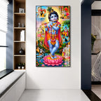 Luxury Baby Krishna Standing on Lotus Acrylic Glass Painting for Hindu Home Temple Decor