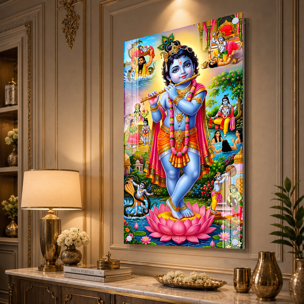 Luxury Baby Krishna Standing on Lotus Acrylic Glass Painting for Hindu Home Temple Decor
