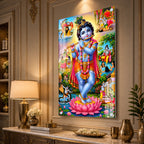 Luxury Baby Krishna Standing on Lotus Acrylic Glass Painting for Hindu Home Temple Decor
