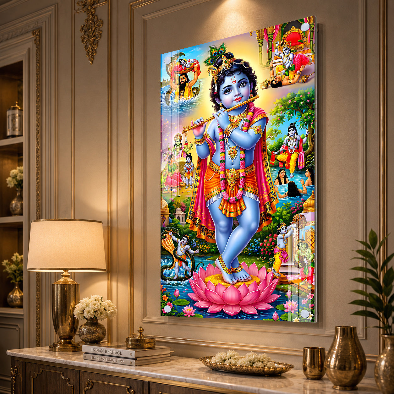 Luxury Baby Krishna Standing on Lotus Acrylic Glass Painting for Hindu Home Temple Decor