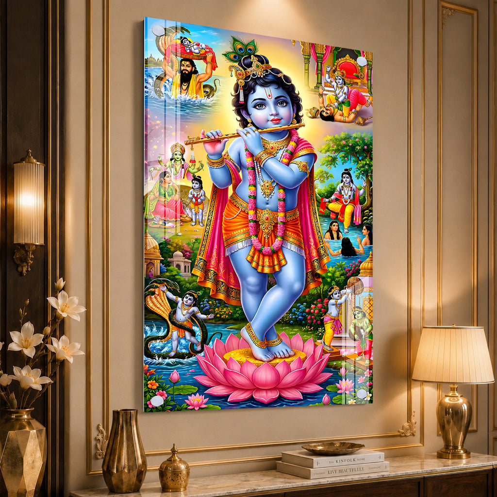 Luxury Baby Krishna Standing on Lotus Acrylic Glass Painting for Hindu Home Temple Decor