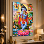 Luxury Baby Krishna Standing on Lotus Acrylic Glass Painting for Hindu Home Temple Decor