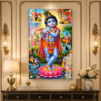 Luxury Baby Krishna Standing on Lotus Acrylic Glass Painting for Hindu Home Temple Decor