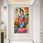 Luxury Baby Krishna Standing on Lotus Acrylic Glass Painting for Hindu Home Temple Decor