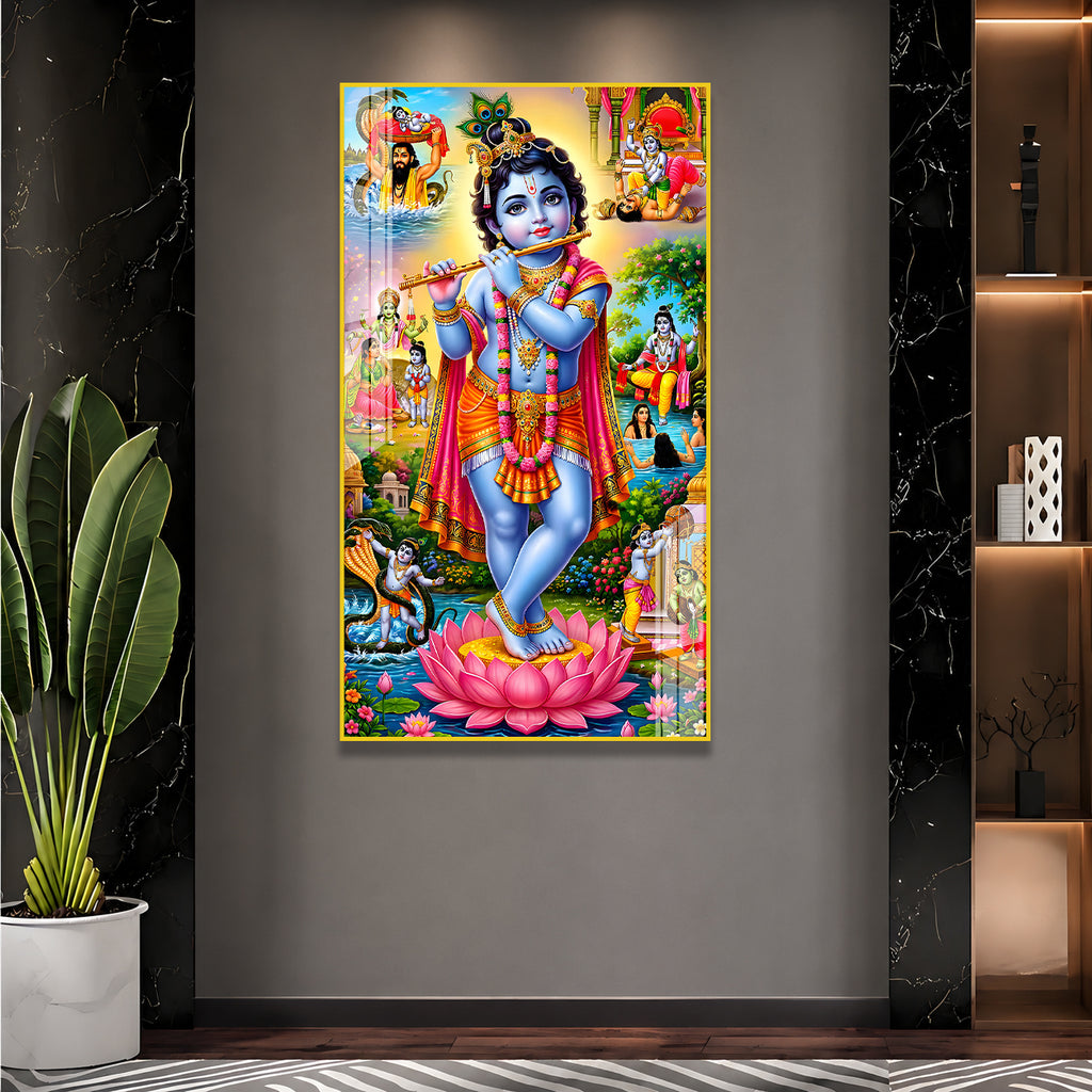 Luxury Baby Krishna Standing on Lotus Acrylic Glass Painting for Hindu Home Temple Decor
