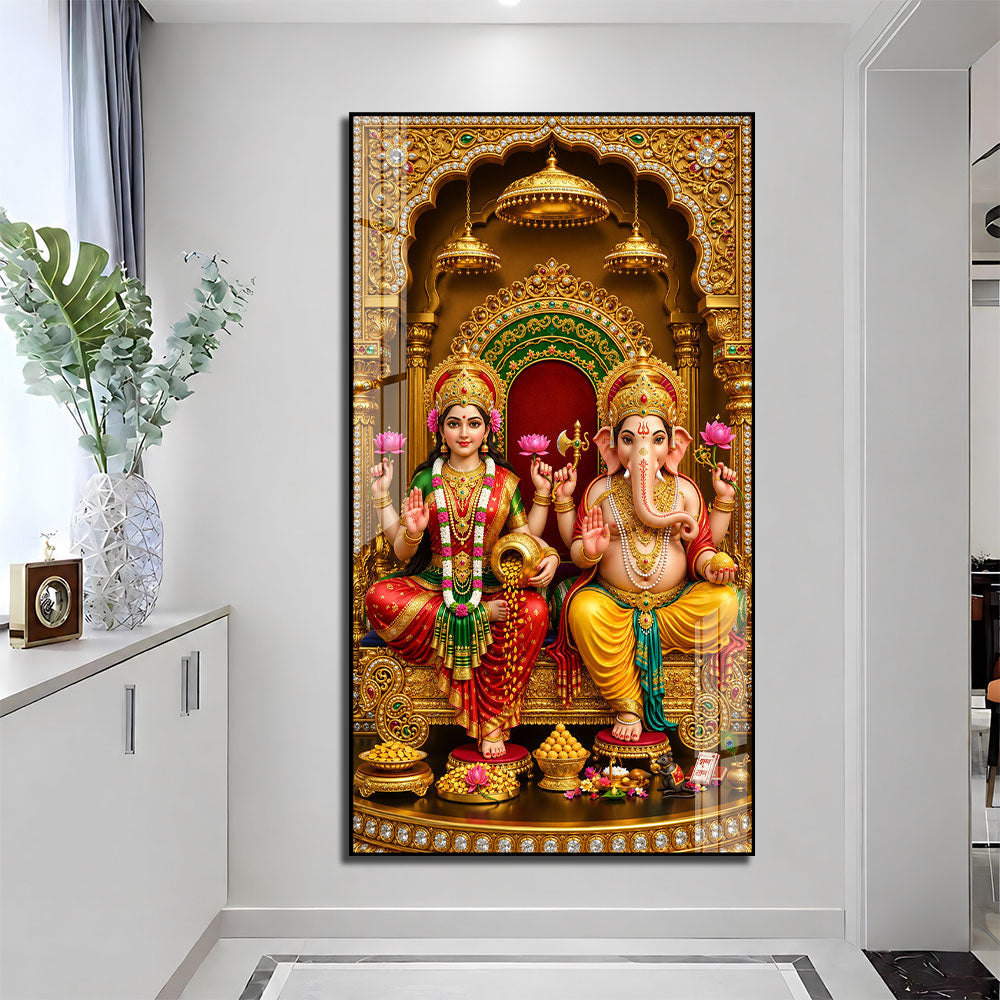 Lakshmi Ganesha Acrylic Painting with Lotus and Golden Temple Background for Pooja Room