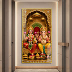 Lakshmi Ganesha Acrylic Painting with Lotus and Golden Temple Background for Pooja Room