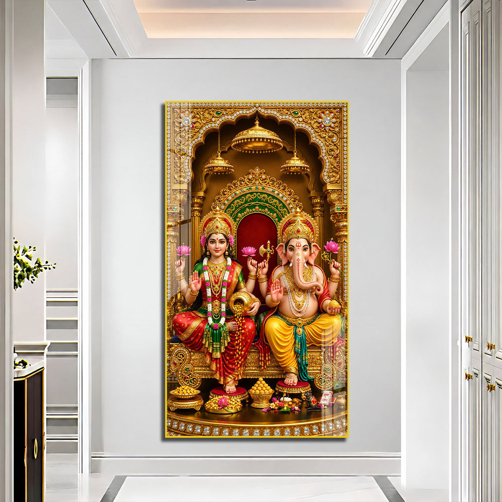 Lakshmi Ganesha Acrylic Painting with Lotus and Golden Temple Background for Pooja Room