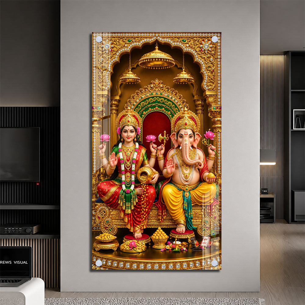 Lakshmi Ganesha Acrylic Painting with Lotus and Golden Temple Background for Pooja Room