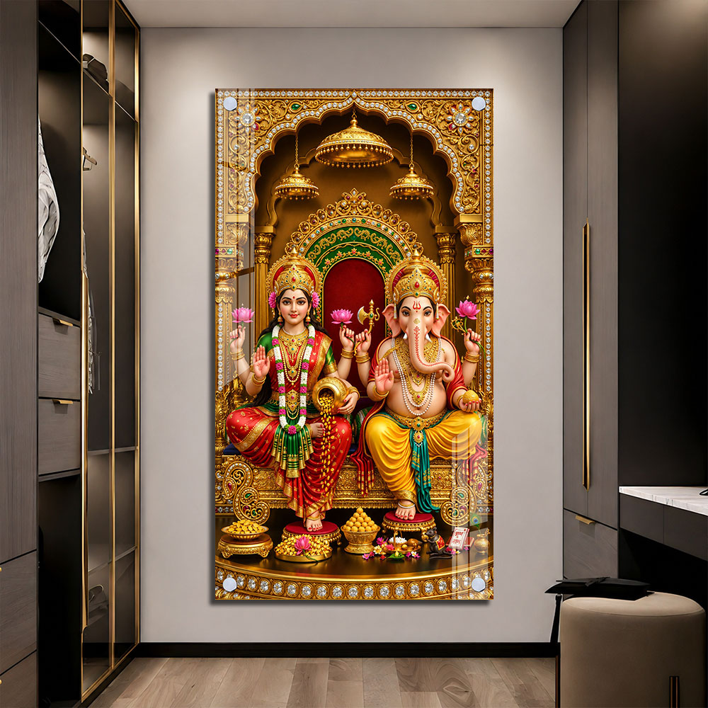 Lakshmi Ganesha Acrylic Painting with Lotus and Golden Temple Background for Pooja Room