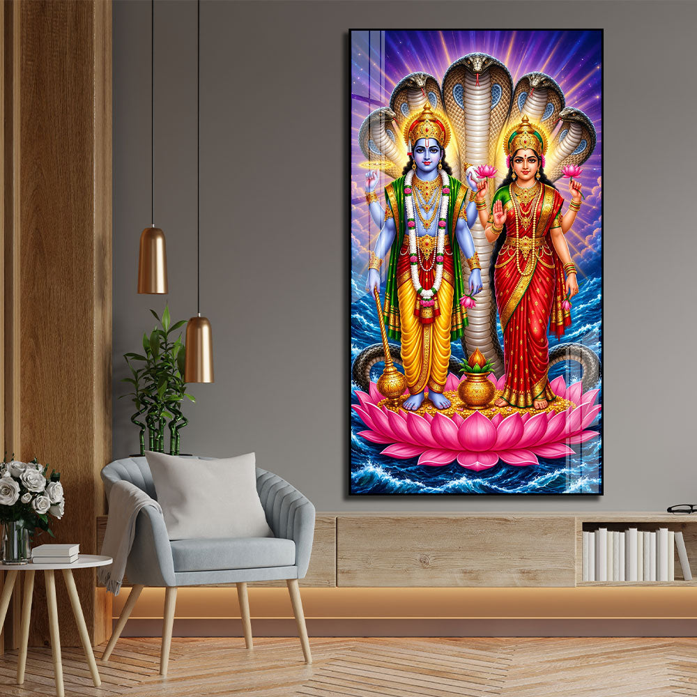 Lord Vishnu and Goddess Lakshmi Acrylic Wall Painting with Sheshnag for Home Temple Decor