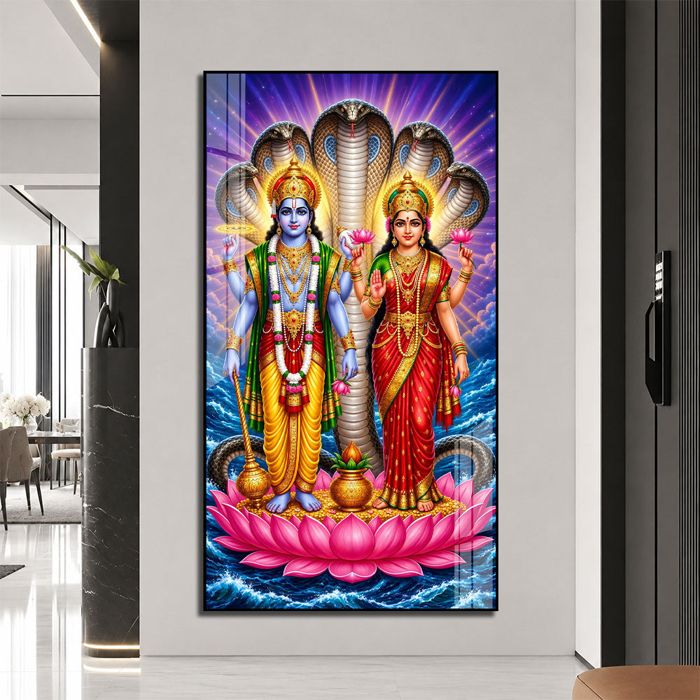 Lord Vishnu and Goddess Lakshmi Acrylic Wall Painting with Sheshnag for Home Temple Decor