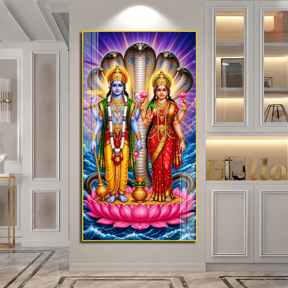 Lord Vishnu and Goddess Lakshmi Acrylic Wall Painting with Sheshnag for Home Temple Decor