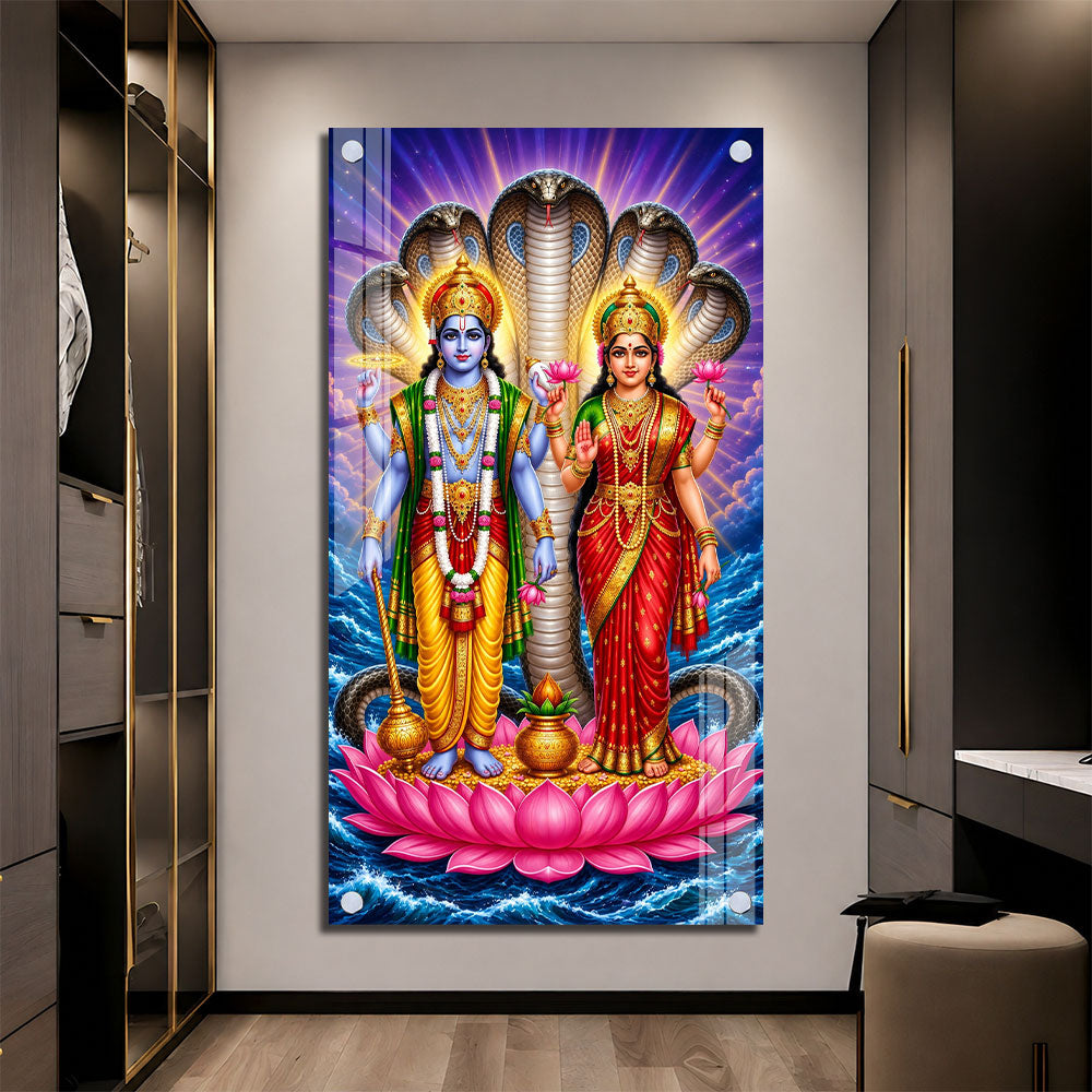 Lord Vishnu and Goddess Lakshmi Acrylic Wall Painting with Sheshnag for Home Temple Decor