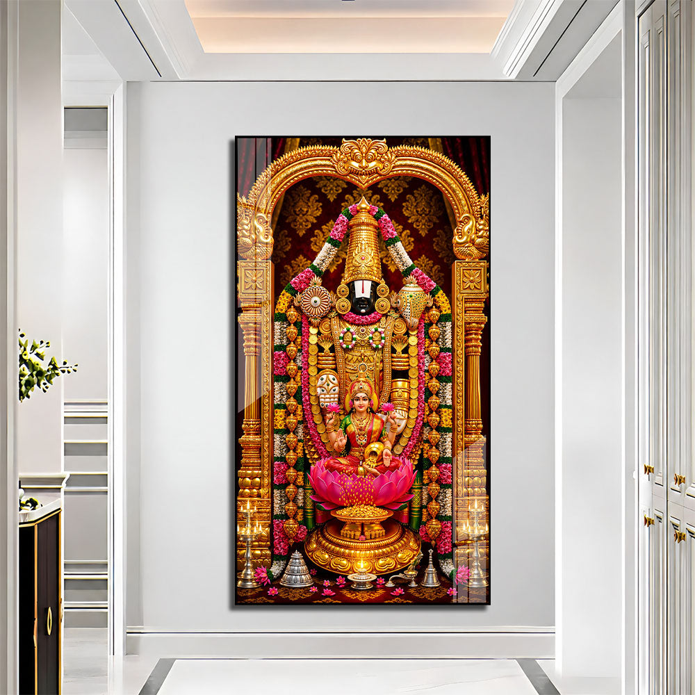 Lord Venkateswara Lakshmi Acrylic Wall Art with Floral Garland and Lotus for Religious Decor