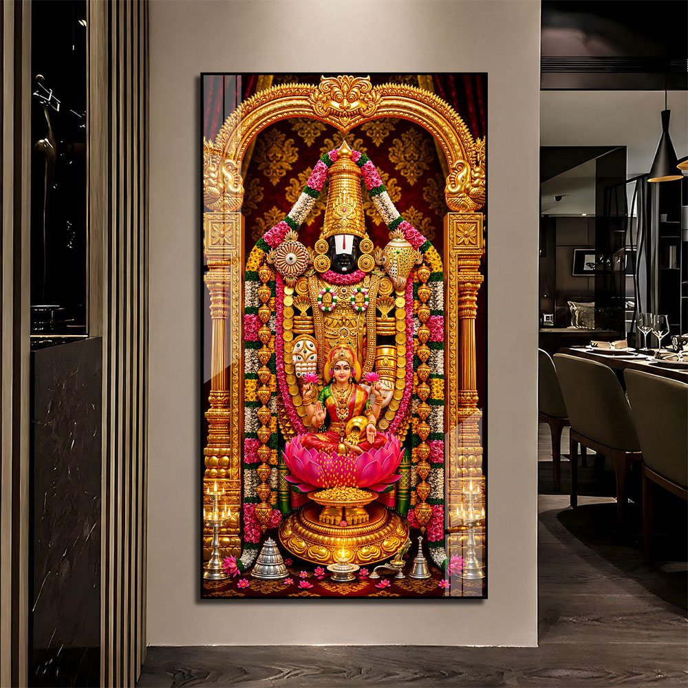 Lord Venkateswara Lakshmi Acrylic Wall Art with Floral Garland and Lotus for Religious Decor