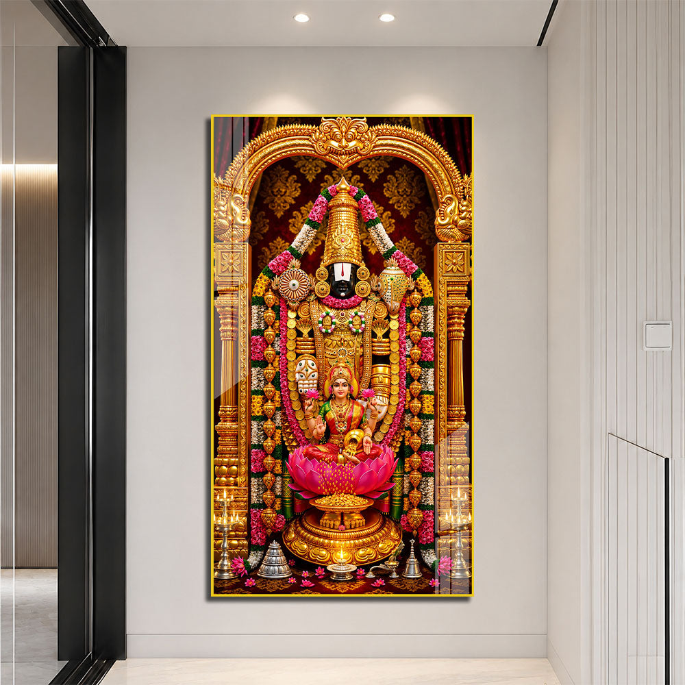 Lord Venkateswara Lakshmi Acrylic Wall Art with Floral Garland and Lotus for Religious Decor