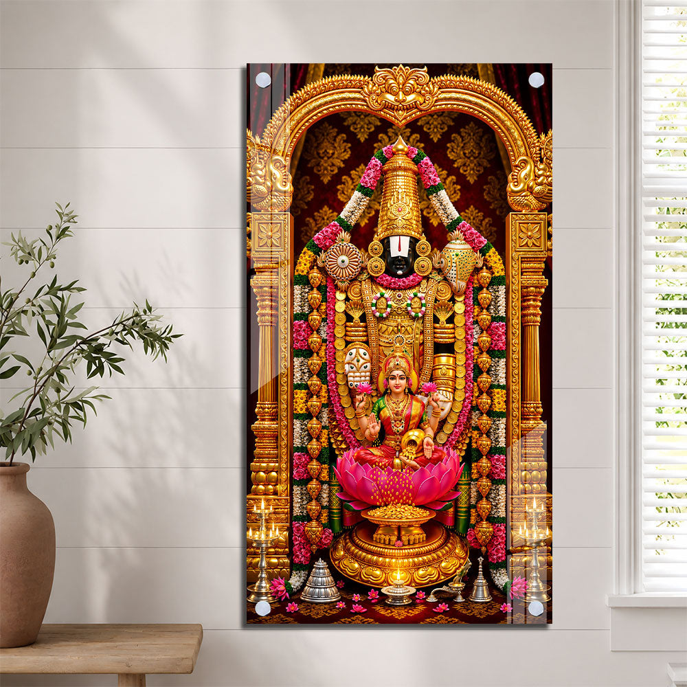 Lord Venkateswara Lakshmi Acrylic Wall Art with Floral Garland and Lotus for Religious Decor