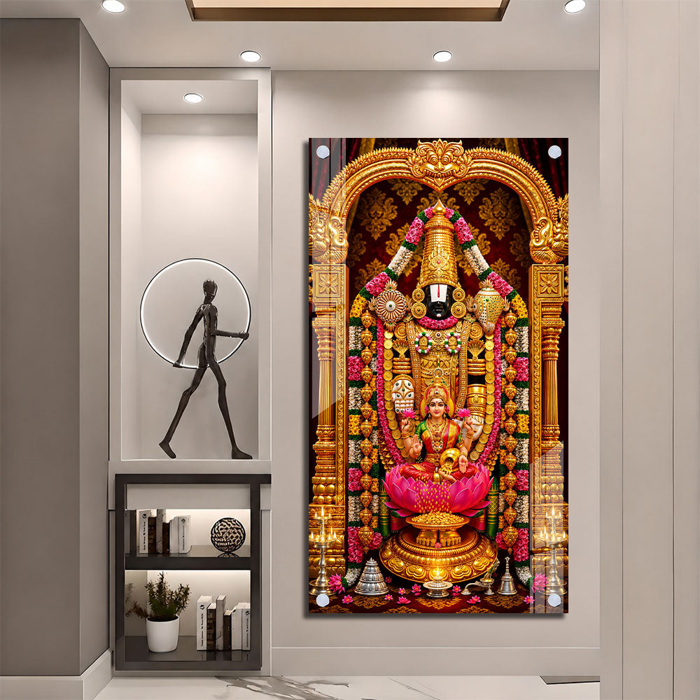 Lord Venkateswara Lakshmi Acrylic Wall Art with Floral Garland and Lotus for Religious Decor