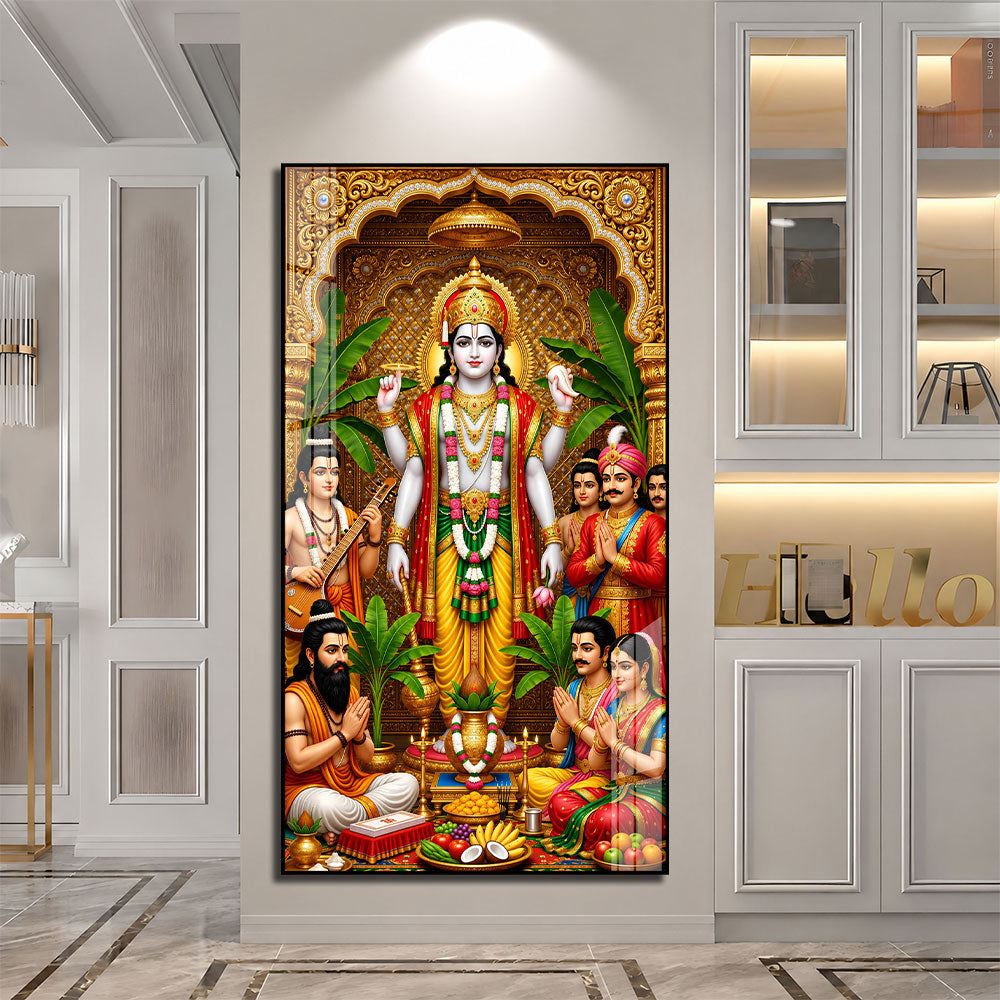 Traditional Lord Vishnu Acrylic Painting with Devotees and Ritual Offerings for Pooja Room