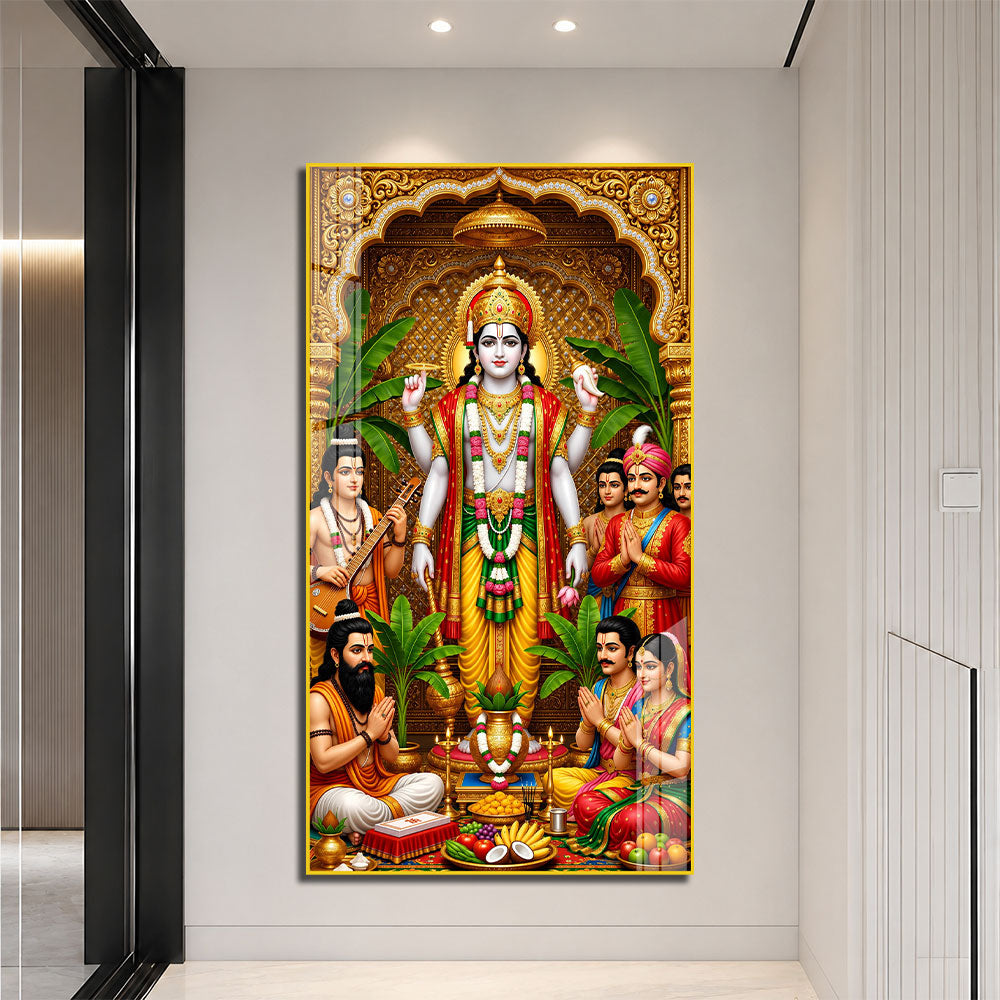 Traditional Lord Vishnu Acrylic Painting with Devotees and Ritual Offerings for Pooja Room