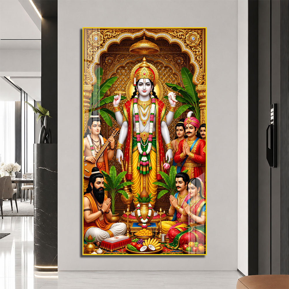 Traditional Lord Vishnu Acrylic Painting with Devotees and Ritual Offerings for Pooja Room