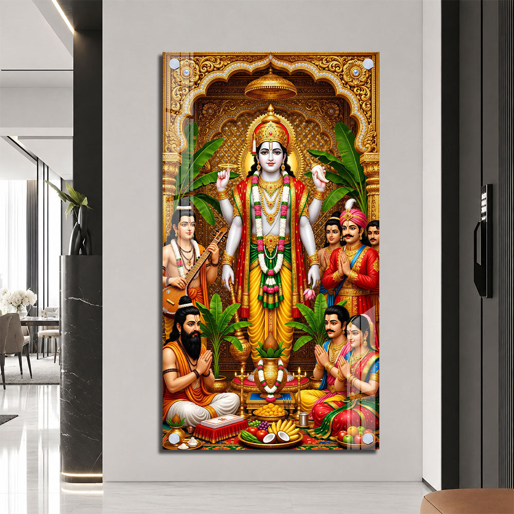 Traditional Lord Vishnu Acrylic Painting with Devotees and Ritual Offerings for Pooja Room