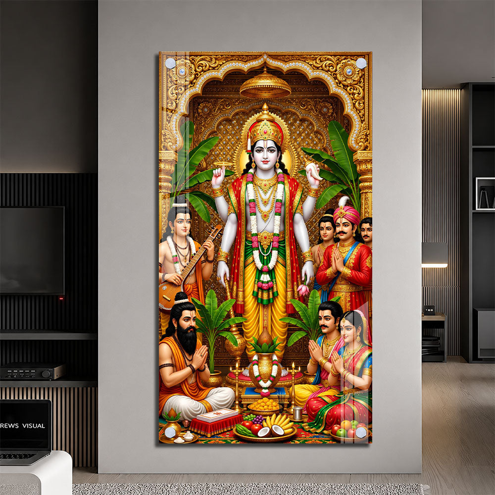 Traditional Lord Vishnu Acrylic Painting with Devotees and Ritual Offerings for Pooja Room