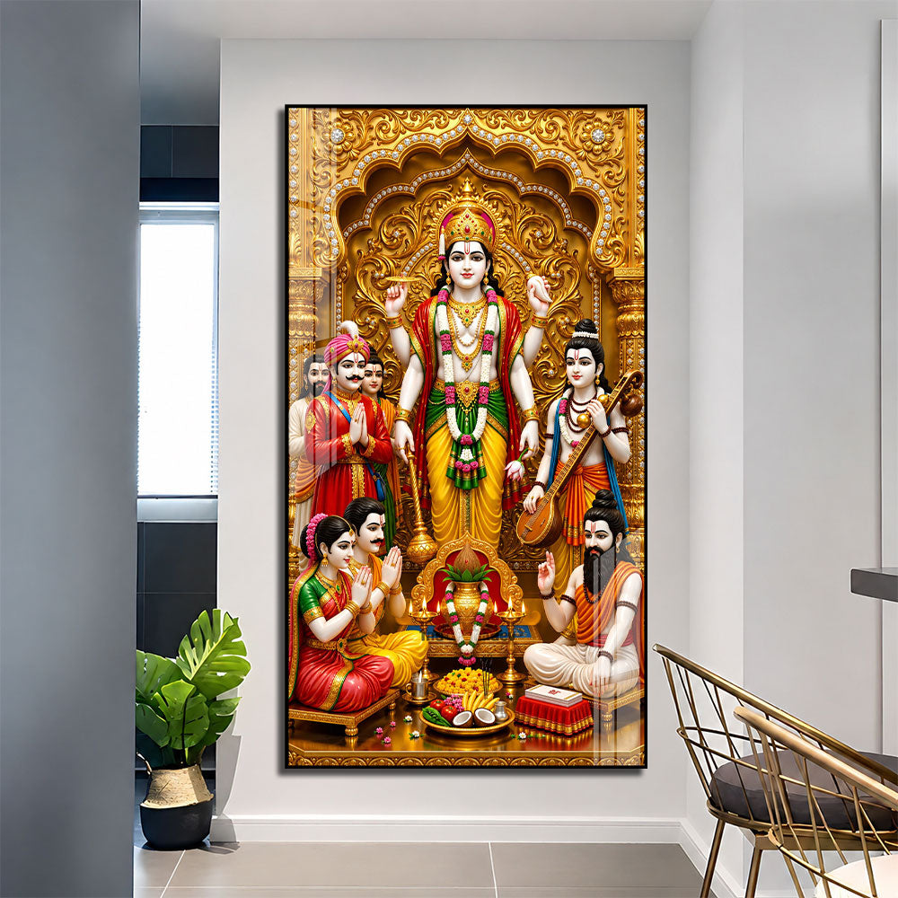 Lord Vishnu Acrylic Wall Painting with Devotees and Traditional Pooja Setup