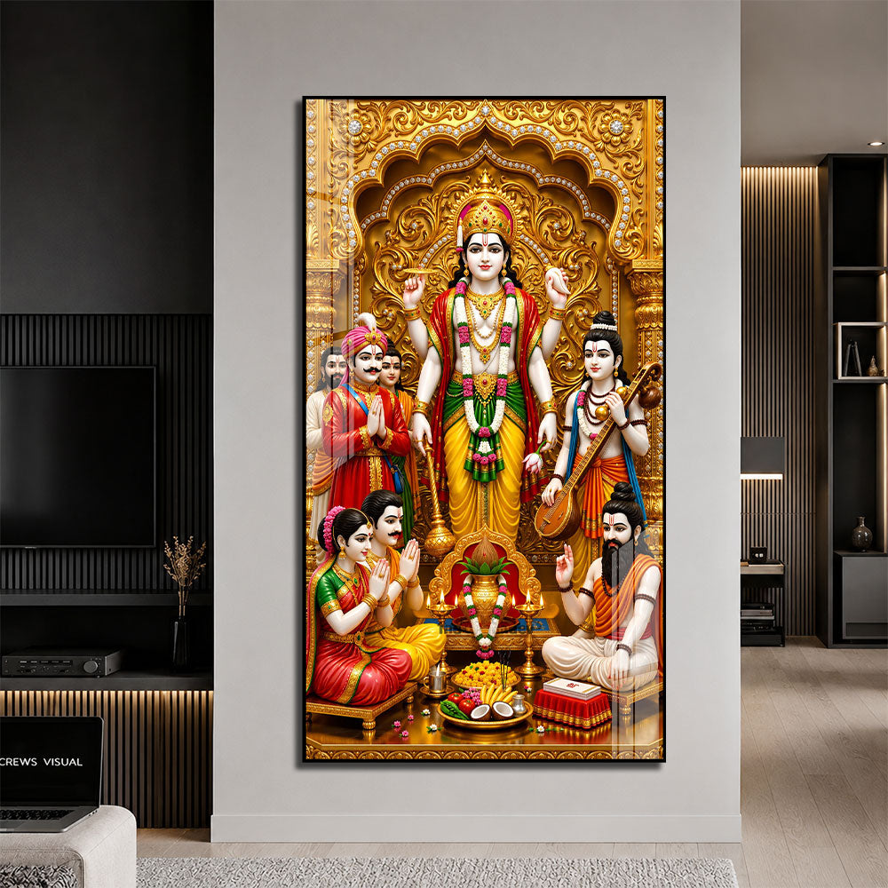 Lord Vishnu Acrylic Wall Painting with Devotees and Traditional Pooja Setup